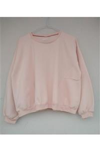 lovetheworld Tasarım Uçuk Pembe Çift Cepli Düşük Kollu Oversize Crop Fit Sweatshirt