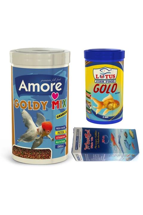 AMORE Goldy Mix Granules 1000ml + Lotus Gold Natural 250ml Japon Balık Yemi + Fishvit Vitamin