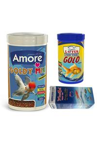 AMORE Goldy Mix Granules 1000ml + Lotus Gold Natural 250ml Japon Balık Yemi + Fishvit Vitamin