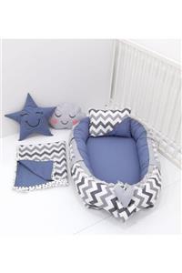 mordesign Babynest Zigzag Desen Anne Yanı Bebek Yatak, Pike, Yastık 5' Li Takım, Gri