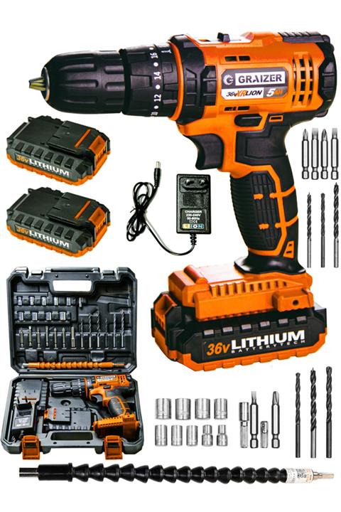Graizer Alman 36 V 5 Ah Darbeli Metal Şanzuman Çift Akülü Şarjlı Vidalama Matkap + 24 Parça Set Sta Turuncu