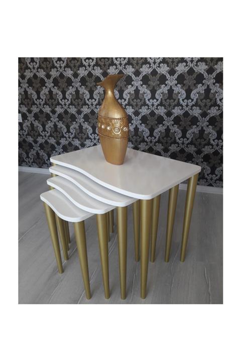 Canisa Concept ''kuğu Serisi ''4'lü Zigon Sehpa Takımı - Tablaları Beyaz- Ayakları Altın Rengi