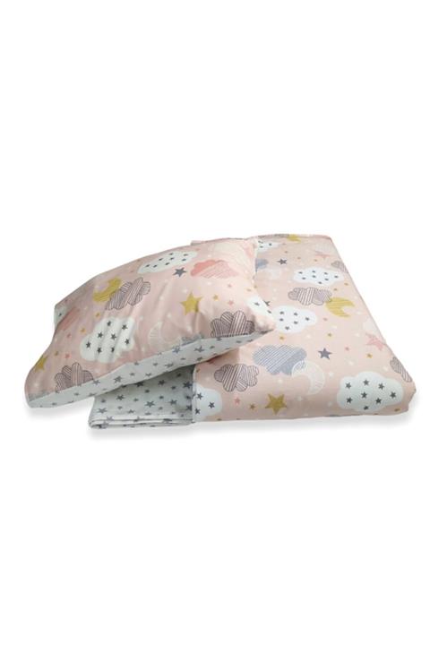 Bebek Özel %100 Pamuk Çocuk 100x200 Montessori Yastık Çarşaf Yorgan Somon Ay Yıldız