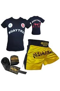 By Leon 1982 Unisex Sarı Leon Classic Muay Thai Şortu  Tişört Ve Boks Bandajı Seti