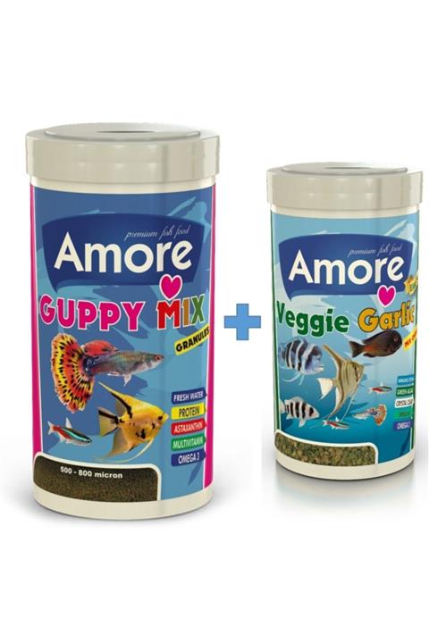 AMORE Guppy Mix Granules 1000 Ml ve Elite Veggie Garlic 250 Ml Kutu Tropikal Akvaryum Balık Yemi