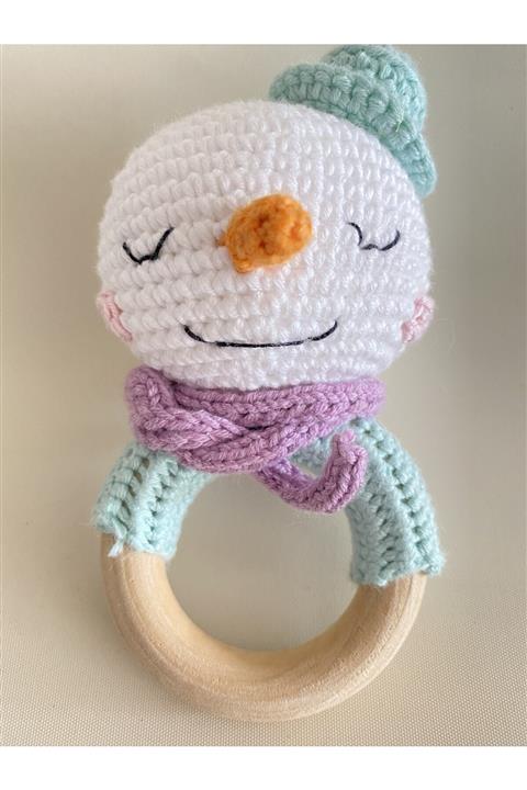 Şeftali Amigurumi Çıngırak Organik Oyuncak Ahşap Diş Kaşıyıcısı - Kardan Adam Mor Atkı
