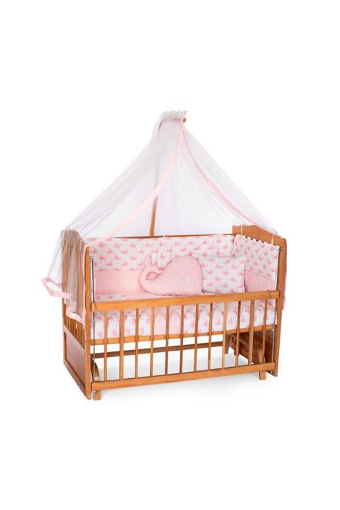 Heyner Ahşap Beşik Anne Yanı Beşik Sallanır Beşik Meşe 60x120 + Pembe Balina Uyku Seti + Yatak