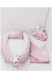 mordesign Bebek Anne Yanı Babynest Yatak, Polar Battaniye Ve Yastık 5' Li Set, Yıldız Desen Pembe Renk