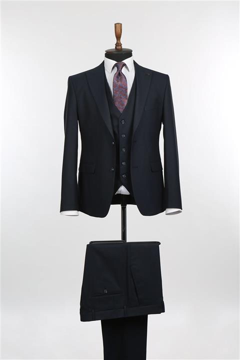 Jakamen Koyu Lacivert Sivri Yaka Slim Fit Yelekli Takım Elbise