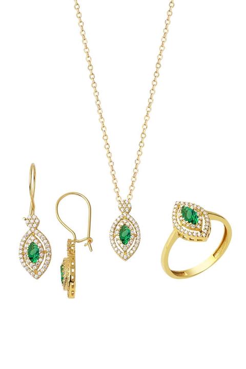 Bilezikci Zümrüt Taşlı 14 Ayar Üçlü Altın Set