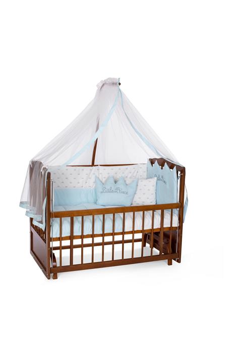 Heyner Ahşap Beşik Anne Yanı Beşik Sallanır Beşik Ceviz 60x120 + Mavi Prens Uyku Seti + Yatak + Tekerlek