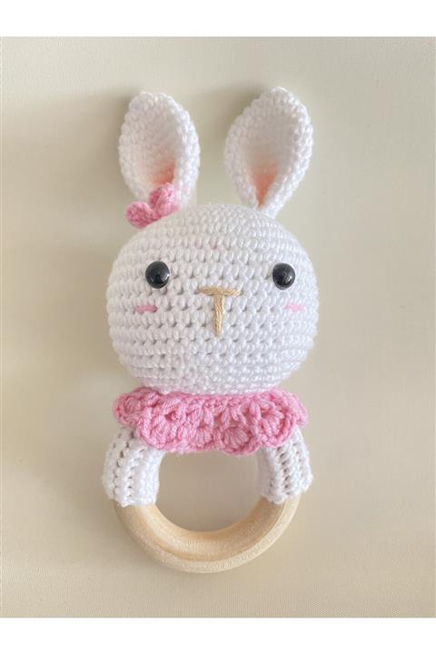 Şeftali Amigurumi Çıngırak Organik Oyuncak Ahşap Diş Kaşıyıcısı - Tavşan Pembe