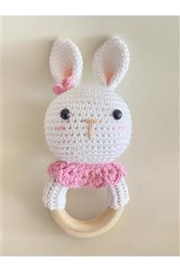 Şeftali Amigurumi Çıngırak Organik Oyuncak Ahşap Diş Kaşıyıcısı - Tavşan Pembe