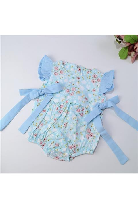 Bella Mia Çiçek Baskılı Mavi Kız Bebek Romper
