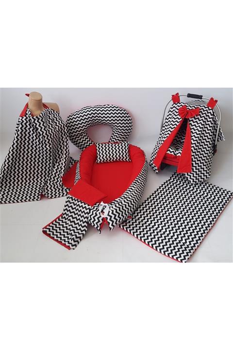 babynestdunyasi Siyah Zigzag Desen Özel Üretim Pamuk Kumaş Babynest Seti