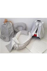 babynestdunyasi Babynest Seti Gri Yıldız Özel Üretim Pamuk Kumaş