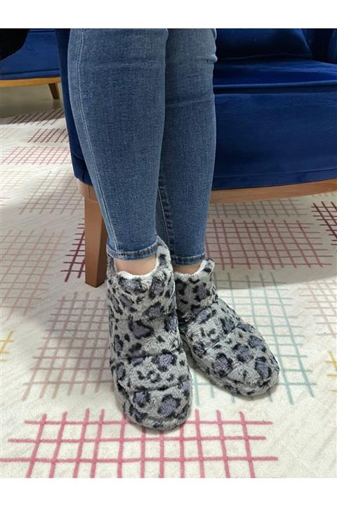 Hızlı Al Leopar Desenli Kaymaz Ses Yapmaz Taban Sıcak Astar  Kadın Ev Botu