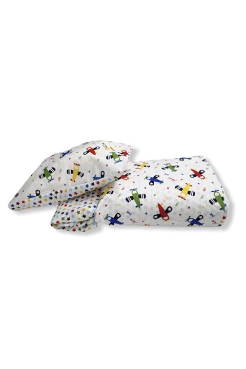 Bebek Özel %100 Pamuk Çocuk Montessori Yastık Çarşaf Yorgan Seti Uçaklı Küçük Yıldızlı 90x190