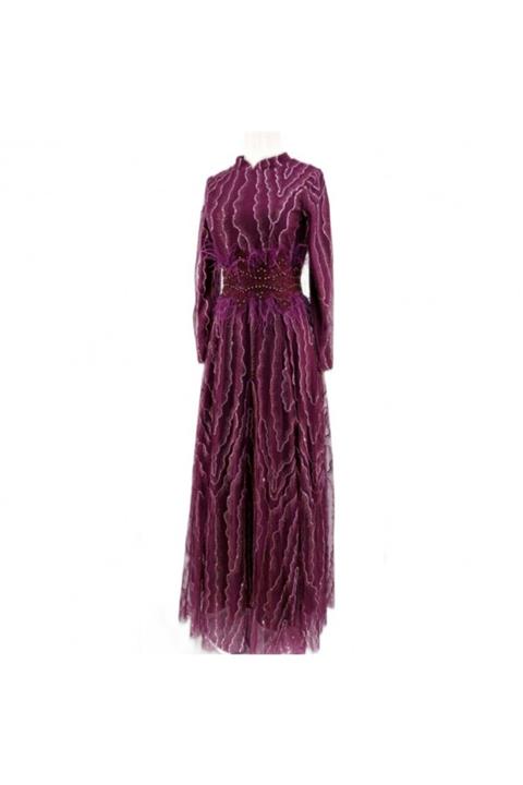 FAHRETTİN MODA Mürdüm Tüylü Simli Tesettür Abiye