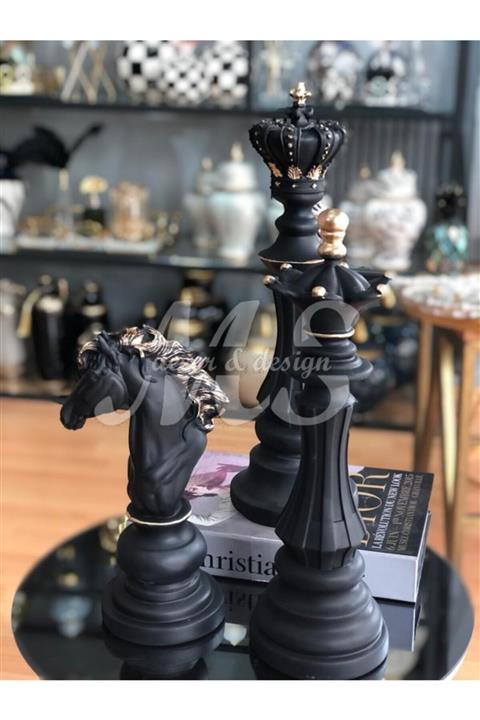 MS DECOR DESİGN Vezir At Siyah Satranç Üçlüsü Biblo