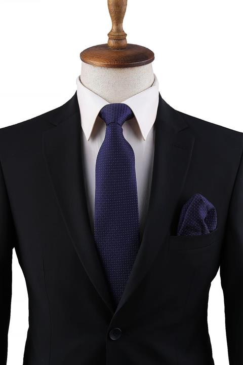 Kravatkolik Lacivert Nokta Desen Mendilli Klasik Kravat Kk10807