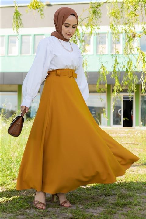Defne Bahar Mevlana Model Kemerli Tesettür Etek Hardal