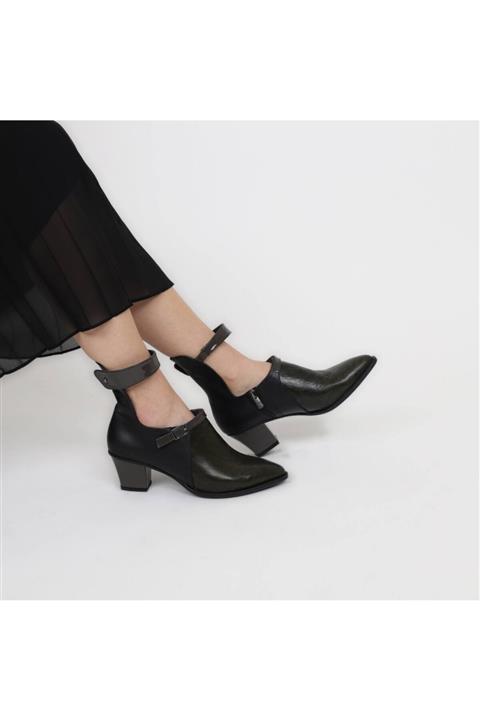 Lo Mejor Shoes Mimi Deri Özel Tasarım Kadın Ayakkabı - Haki/siyah