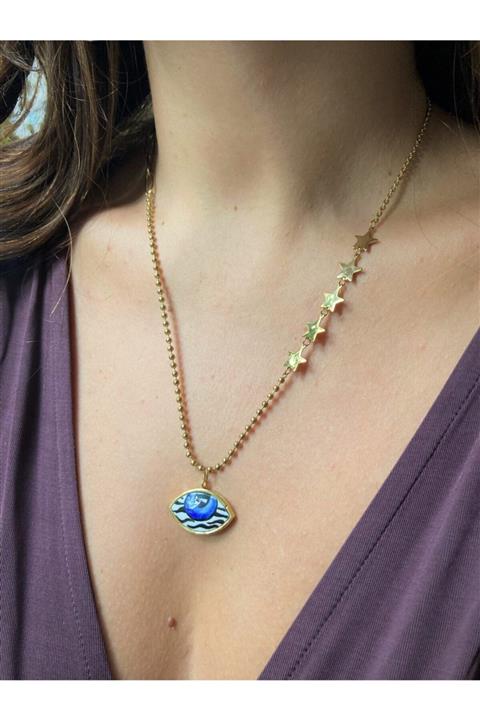 floom jewelry Mavi Zebra Desen Porselen Göz Detaylı Yıldızlı Çelik Kolye
