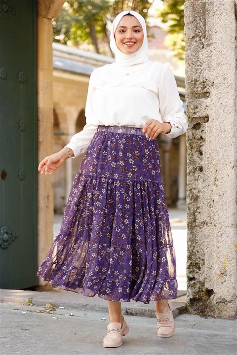 InStyle Çiçekli Dal Desen Astarlı Şifon Etek - Mor