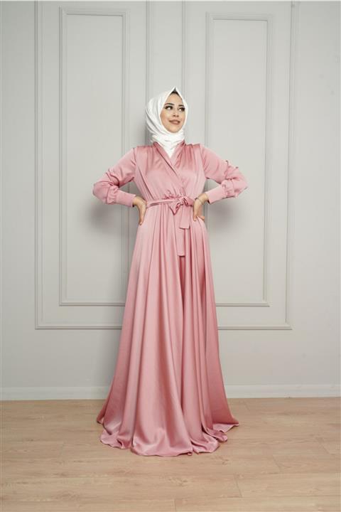 KAMİL KESKİN Kadın Pudra Kruvaze Yaka Saten Abiye