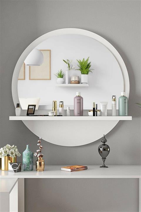 TARZDESİGN Tarz Design 45 Cm Yuvarlak Beyaz Raflı Koridor Dresuar Konsol Duvar Salon Banyo Ofis Yatakoda Aynası