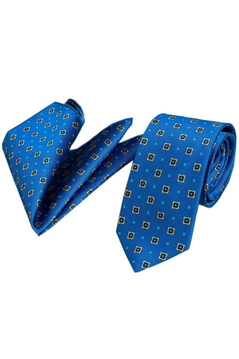 Exve Exclusive Mavi Sarı Kareli İtalyan İpek Kravat Mendil Seti