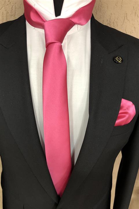 Quesste Accessory Quesste Fuşya Düz Saten Ince Mendilli Kravat