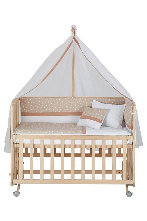 Baby Tech 70x130 Naturel Boyasız 4 Kademeli Tekerlekli Beşik + Kahve Yıldızlı Uyku Seti