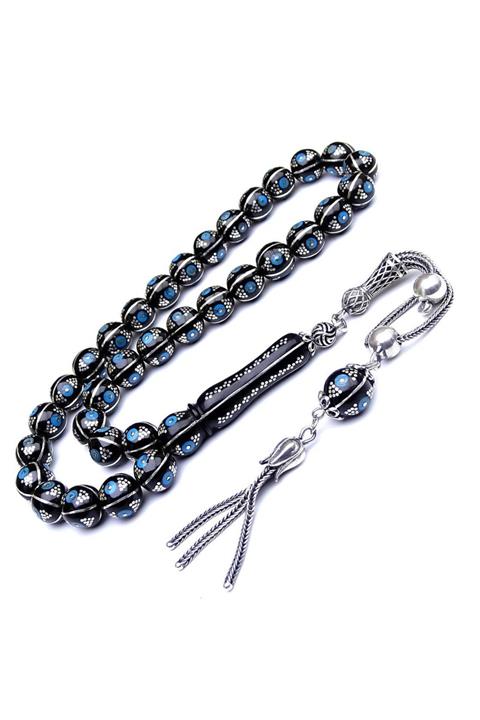 Taşhane Erkek Mavi Firuze İşlemeli Oltu Taşı Tesbih