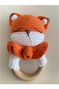 Şeftali Amigurumi Çıngırak Organik Oyuncak Ahşap Diş Kaşıyıcısı - Uykulu Tilki Turuncu Beyaz