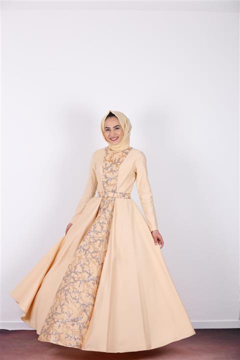 Zehrace Kadın Gold Işıltılı Kemerli Abiye Elbise