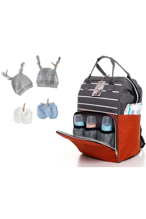 Sahra Eldiven Ve Şapka Hediyeli Leke Tutmaz Çok Bölmeli Çizgili Anne Bebek Bakım Sırt Çantası Gri-kiremit