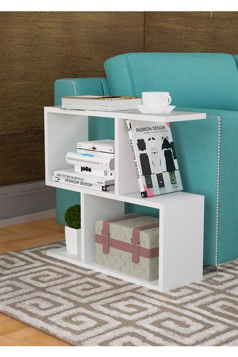 Modilayn Raflı Yan Sehpa Koltuk Yanı Kitaplıklı Raflı Sehpa