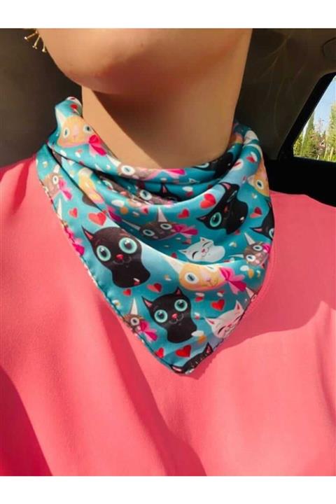 kedikerekedii Turkuaz Baskılı Kediler Kedili Fular Bandana Aksesuar