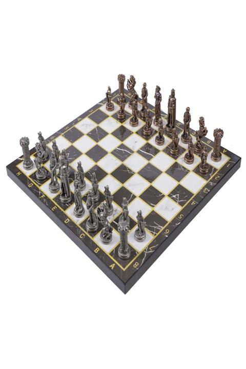 CİMCİME OYUNCAK Siyah Mermer Desenli Krom Kaplama Bizans Ordusu Bronz Satranç Takımı