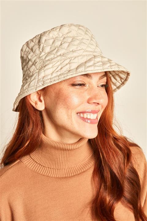 YLondon 14211 Küçük Kapitone Kumaş Bej Bucket Şapka