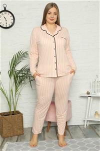 DEST TİCARET Moda Çizgi Kadın Pamuklu Cepli Uzun Kol Büyük Beden Pijama Takım 202098