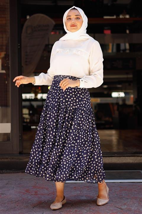 InStyle Puantiyeli Astarlı Şifon Etek - Lacivert