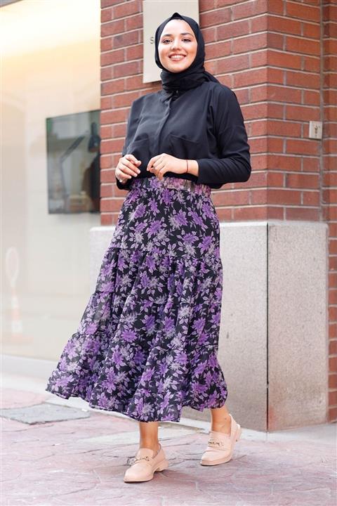 InStyle Büyük Çiçekli Astarlı Şifon Etek - Lila