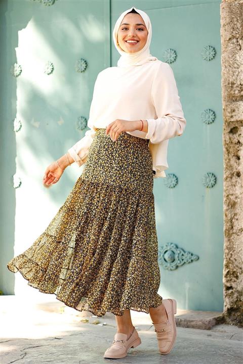 InStyle Lastikli Çıtır Desen Astarlı Şifon Etek - Siyah