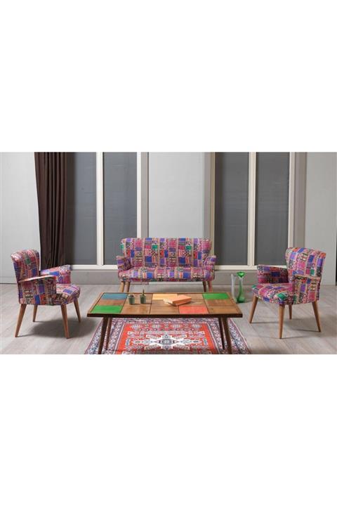 PİAEVİ Mina Patchwork Sehpalı Çay Seti Balkon Salon, Ofis, Cafe 2+1+1