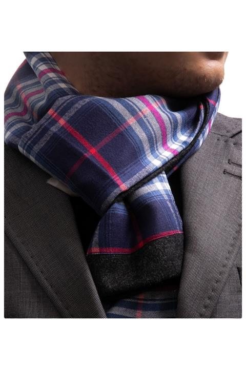 Exve Exclusive Erkek Mavi Ekose Çift Taraflı Atkı