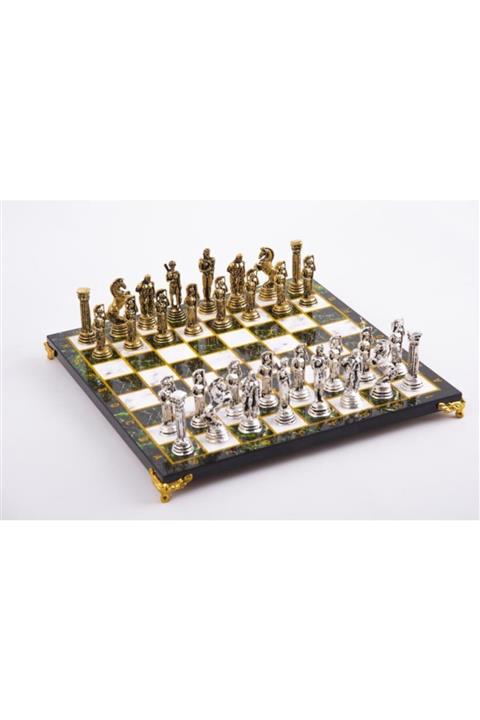 GÇM Sparta Askerleri Lüks Metal Satranç Takımı Krom Kaplama Yeşil Mermer Desenli Tahta