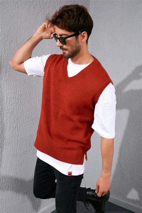 Sateen Men KİREMİT V YAKA SÜETER